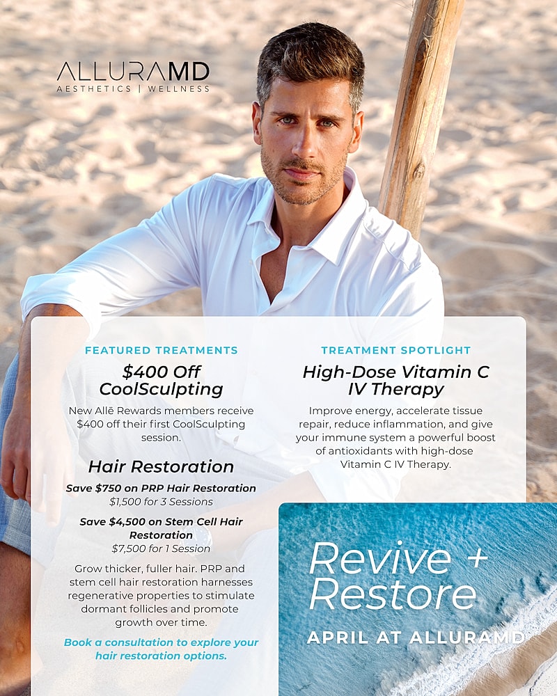 Man promoting AlluraMD aesthetic treatments outdoors.