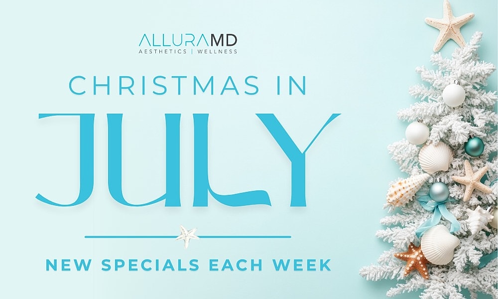 Christmas in July promotional graphic with holiday themes