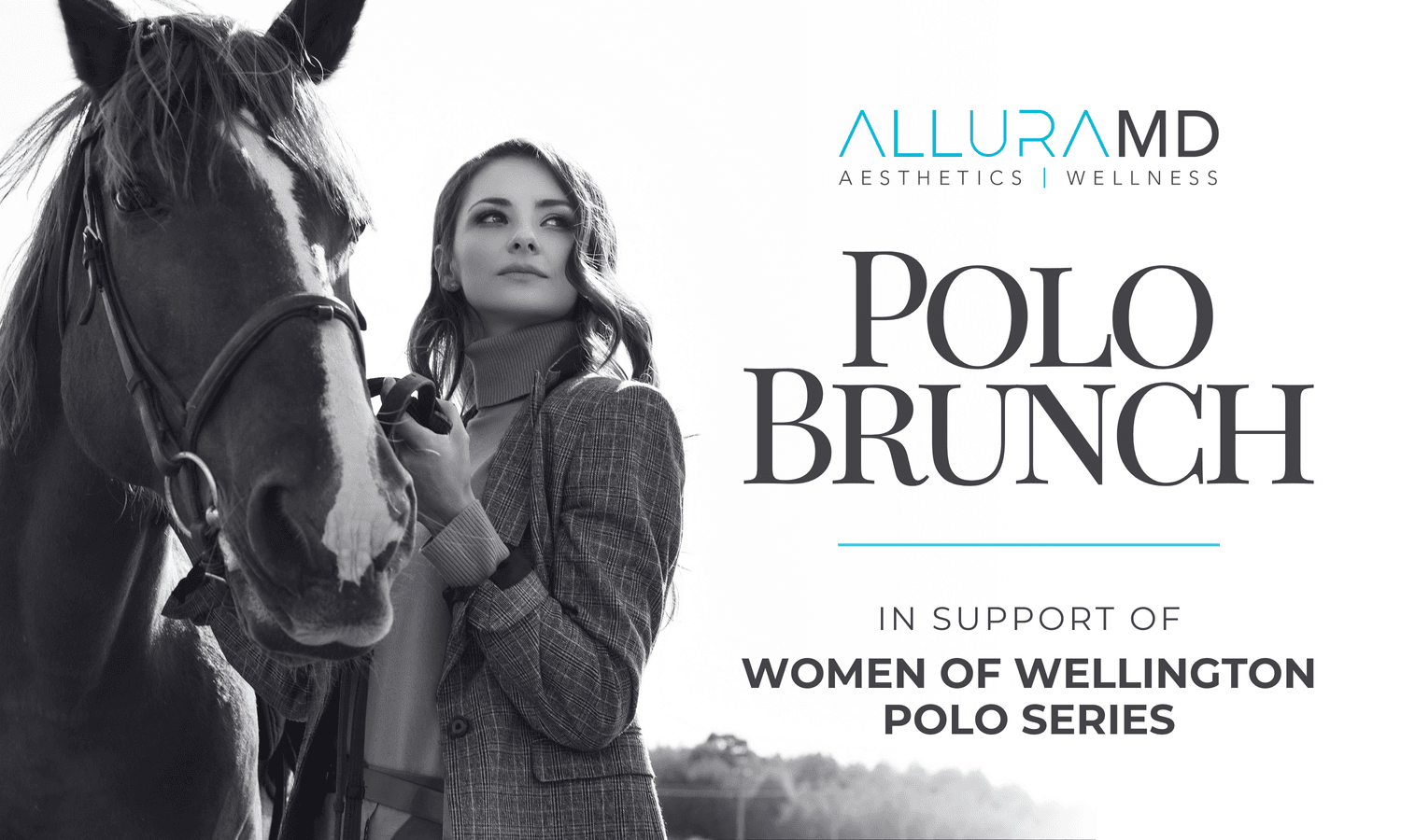 Woman with horse promoting Polo Brunch event.